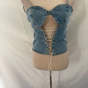 Fashion Nova Blue Denim Lace-Up Tank Top